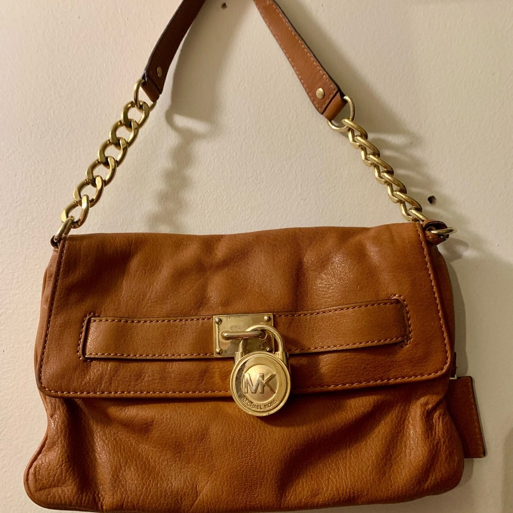 Michael Kors Tan Gold Shoulder Bag with Signature MK Lock
